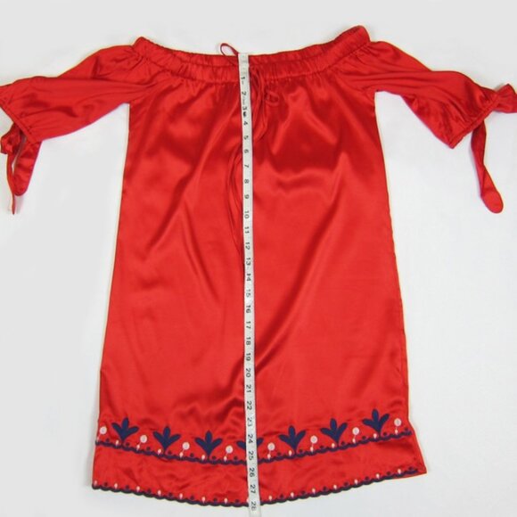 Medium Off Shoulder Dress Red Satin Blue & White Embroidery Mini Shift Dress NEW - Picture 8 of 8